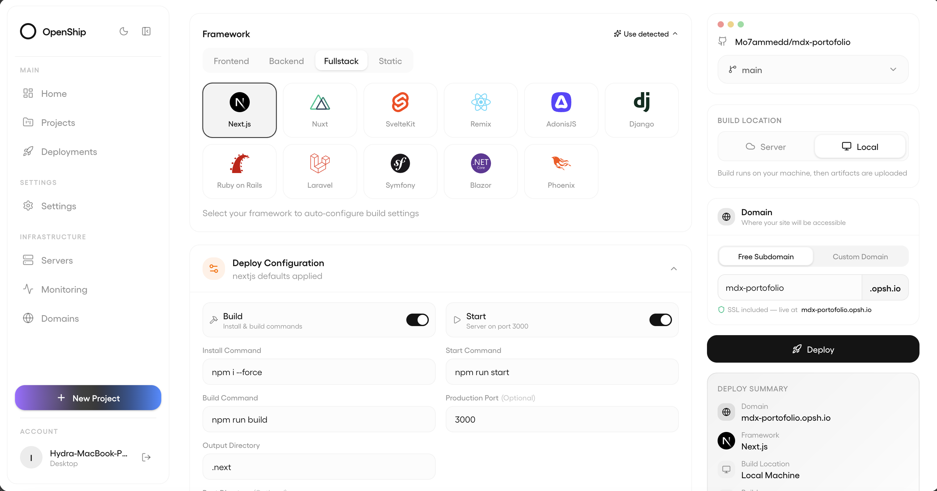 Openship 的部署向导:左边选框架(Next.js / Nuxt / SvelteKit / Remix / AdonisJS / Django / Rails / Laravel / Symfony / Blazor / Phoenix …),中间是安装/构建/启动命令和输出目录,右边选构建位置(Server / Local)、域名和部署摘要。注意左下角账号写着「Hydra-MacBook-P… Desktop」——这张图本身就是从桌面应用里截的。
