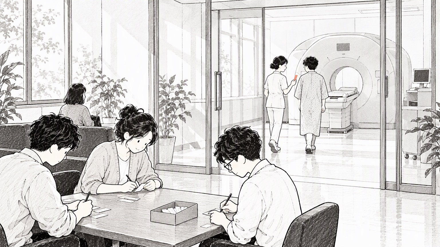 医院大厅里人们拿便宜的试纸做初筛，护士用一根朱红试纸把一位就诊者引向门后的影像机器
