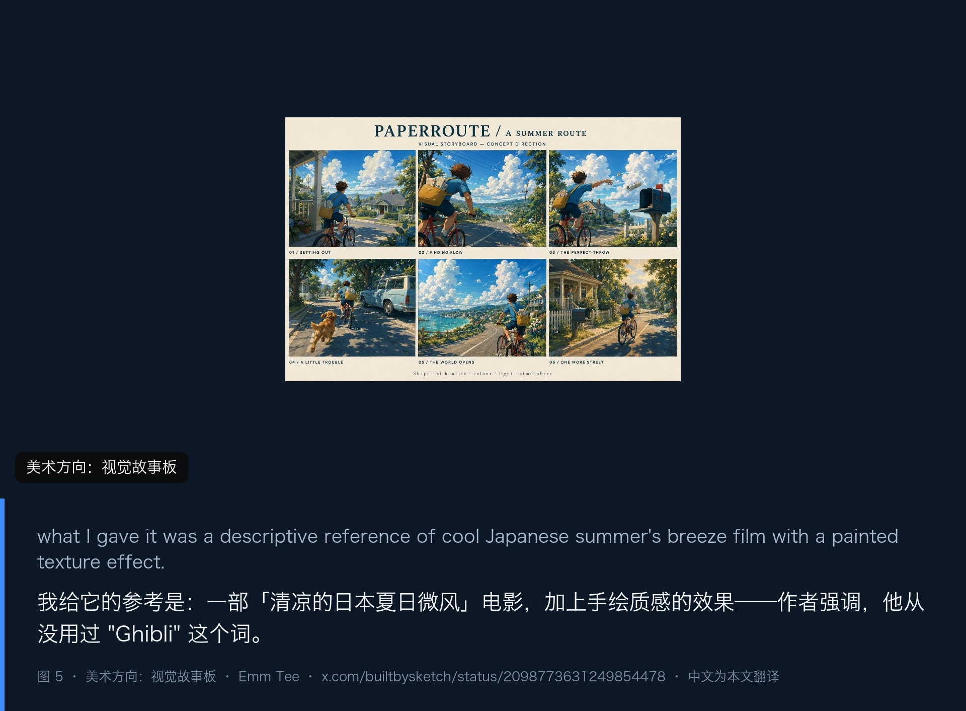 图 5|美术方向的情绪板/视觉故事板:Setting out / Finding flow / The perfect throw / A little trouble / The world opens / One more street