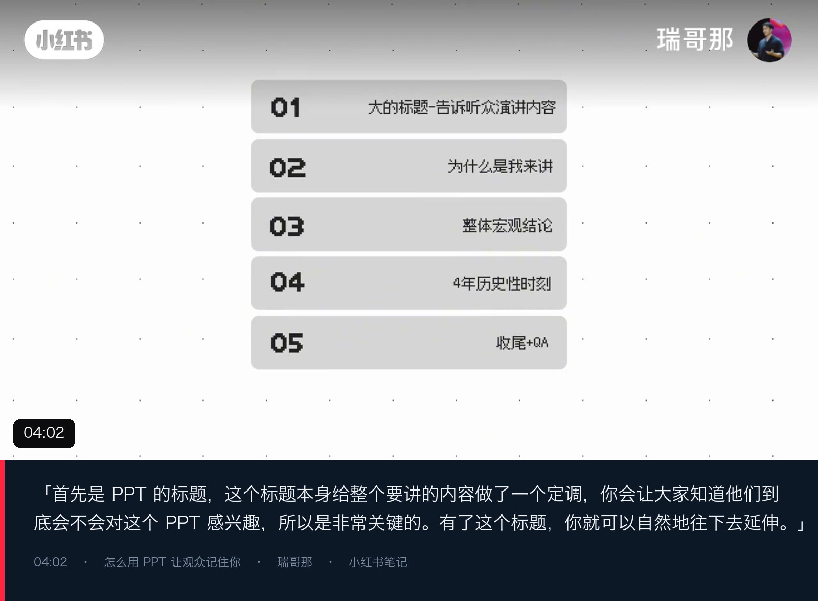 图 8|五段式框架:大标题 / 为什么是我 / 宏观结论 / 四年时刻 / 收尾+QA