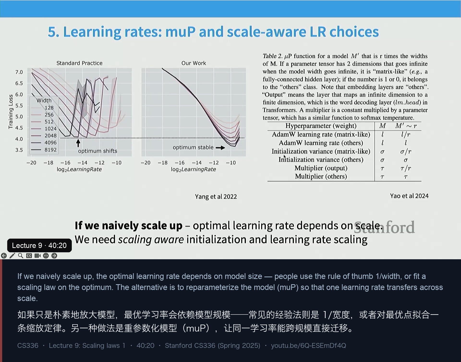 图 13｜学习率与 muP：要么拟合“最优点”的缩放定律，要么重参数化让学习率跨规模迁移