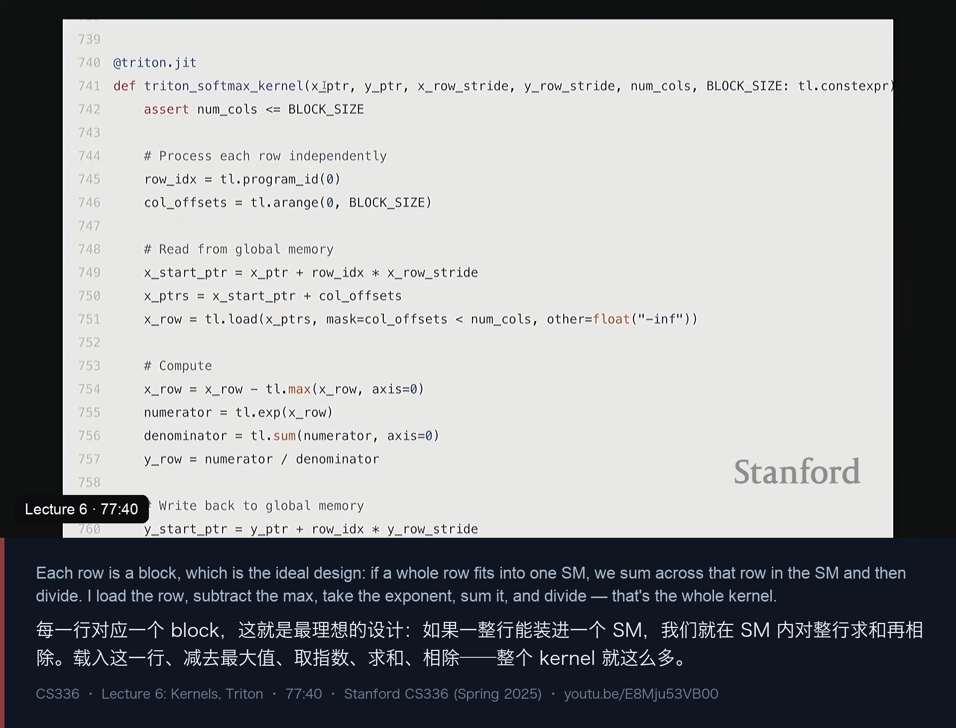 图 17｜Triton softmax 的 kernel 主体：载入一行 → 减 max → 取 exp → 求和 → 相除 → 写回