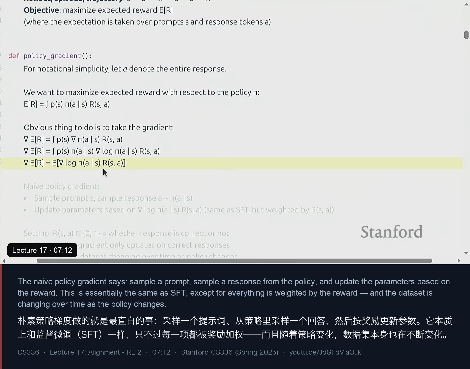 图 4｜朴素策略梯度：采样提示词与回答、按 ∇log π(a|s)·R(s,a) 更新；它“本质上就是 SFT，只是每一项被奖励加权”，差别是数据集随时间变化