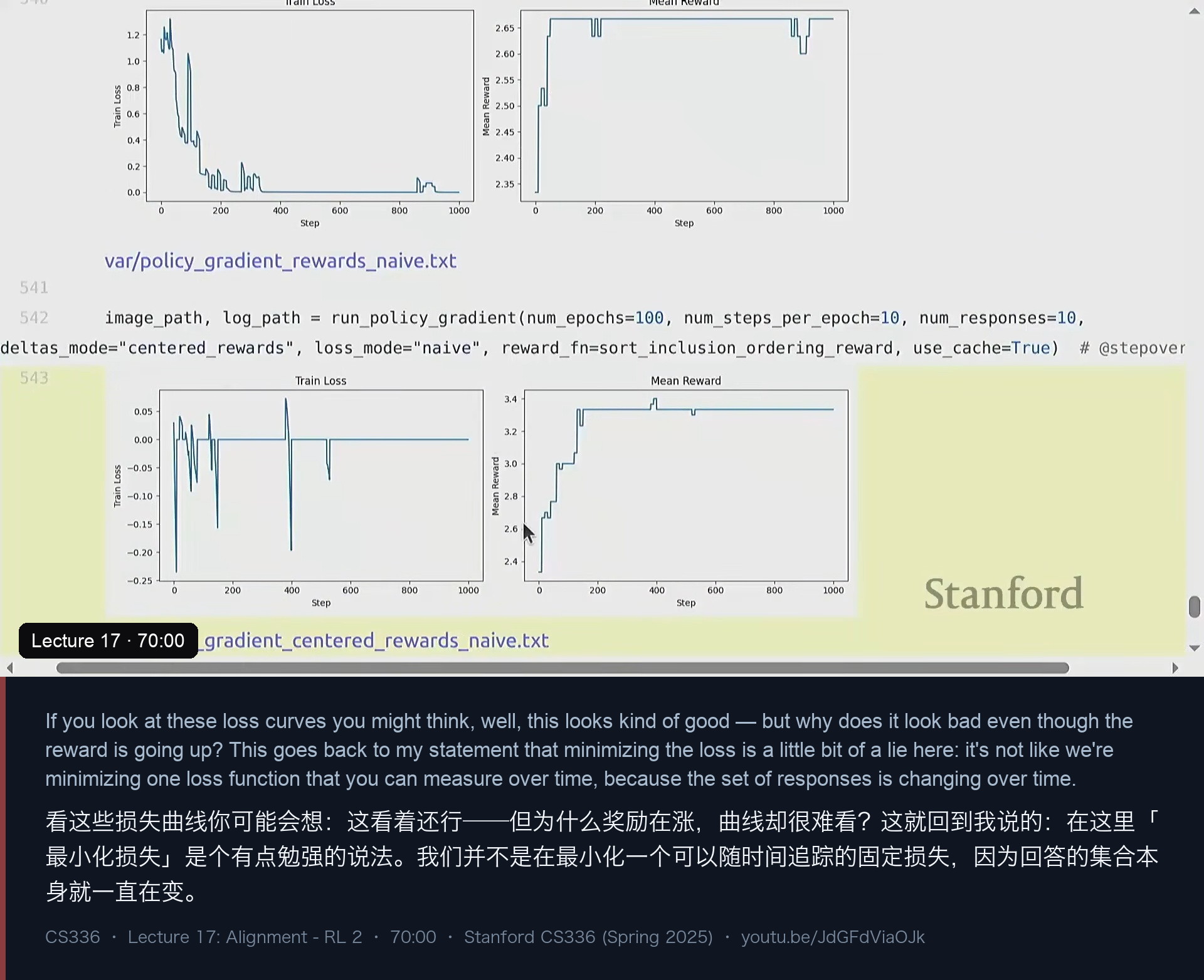 图 17｜真跑一次：100 个 epoch、每个 10 步；奖励在涨，但损失曲线并不“好看”——因为回答集合在变，“最小化损失”在这里是个有点勉强的说法