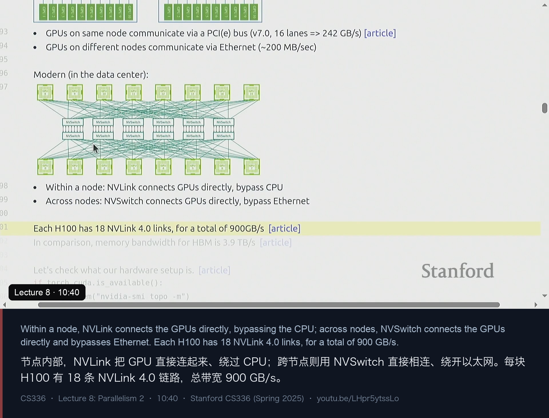 图 5｜两代硬件：经典 PCIe+以太网 vs 现代 NVLink+NVSwitch；H100 每卡 18 条 NVLink 4.0、合计 900 GB/s