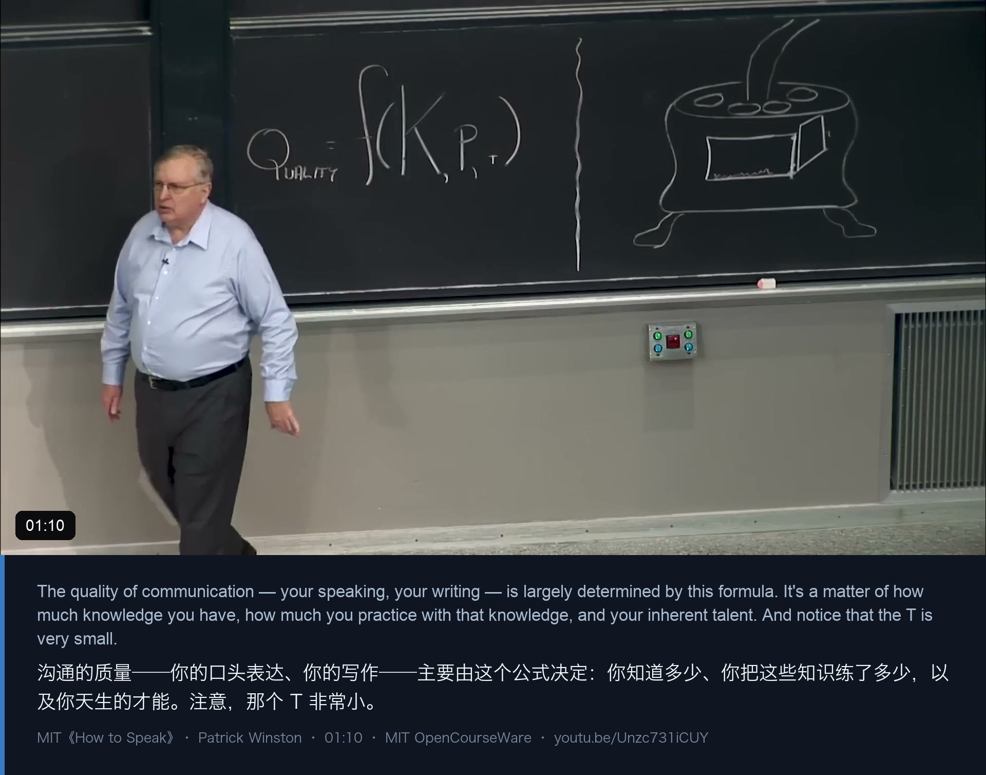 图 1｜开场就给出全场的论证框架：成功 ≈ 表达 > 想法，而表达 ≈ 知识 × 练习 ÷ 天赋
