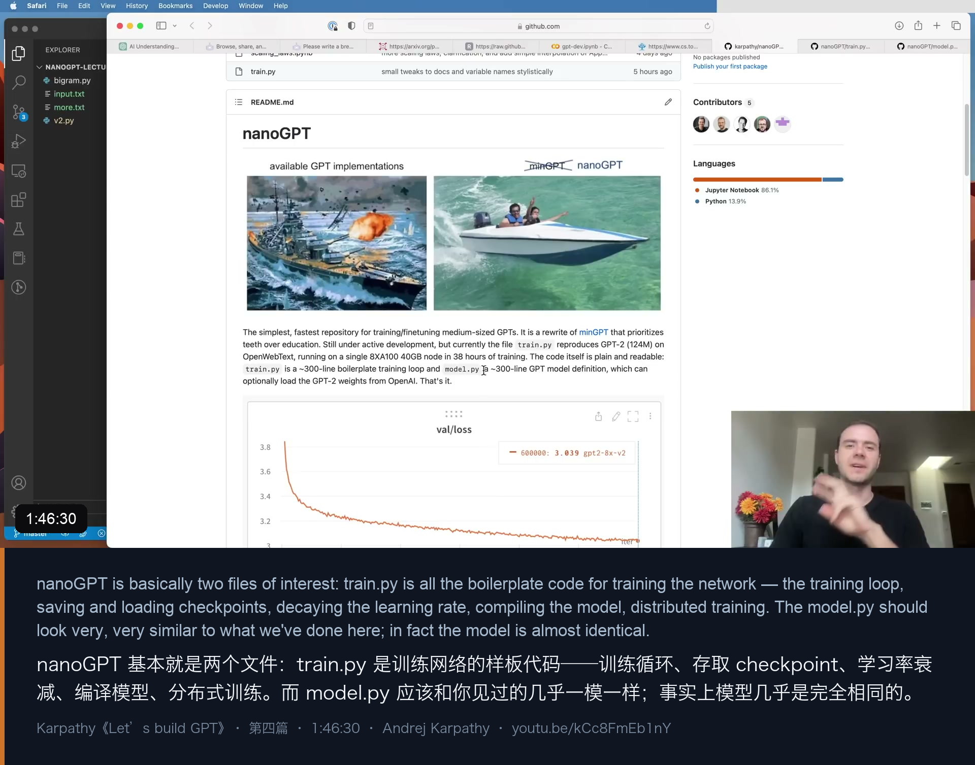 图 3｜1:46 nanoGPT 仓库；右侧那条 validation loss 曲线，就是我们刚亲手跑出来的那条